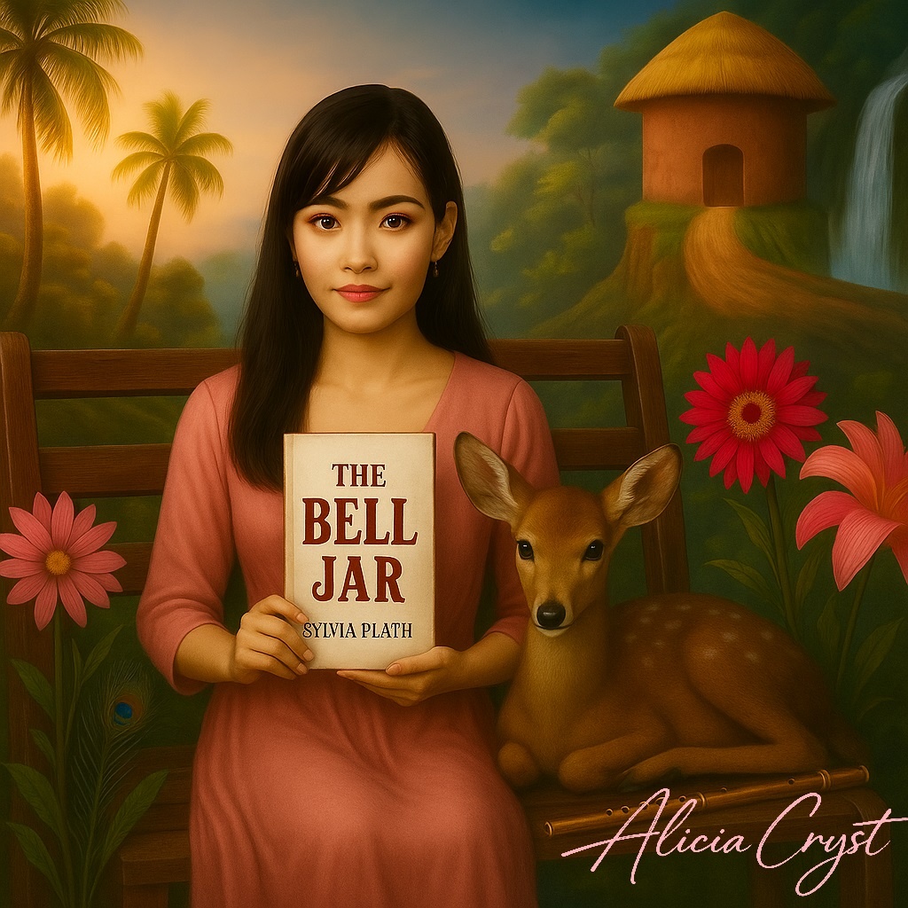Alicia seated with a book and deer, near a hut and waterfall in her recurring dream